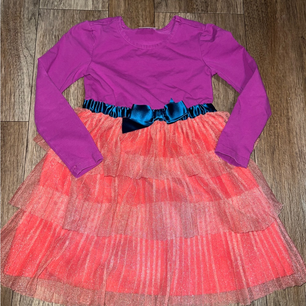 Hannah Anderson Purple and Pinkish/Orange Long Sleeve Dress with Blue Bow